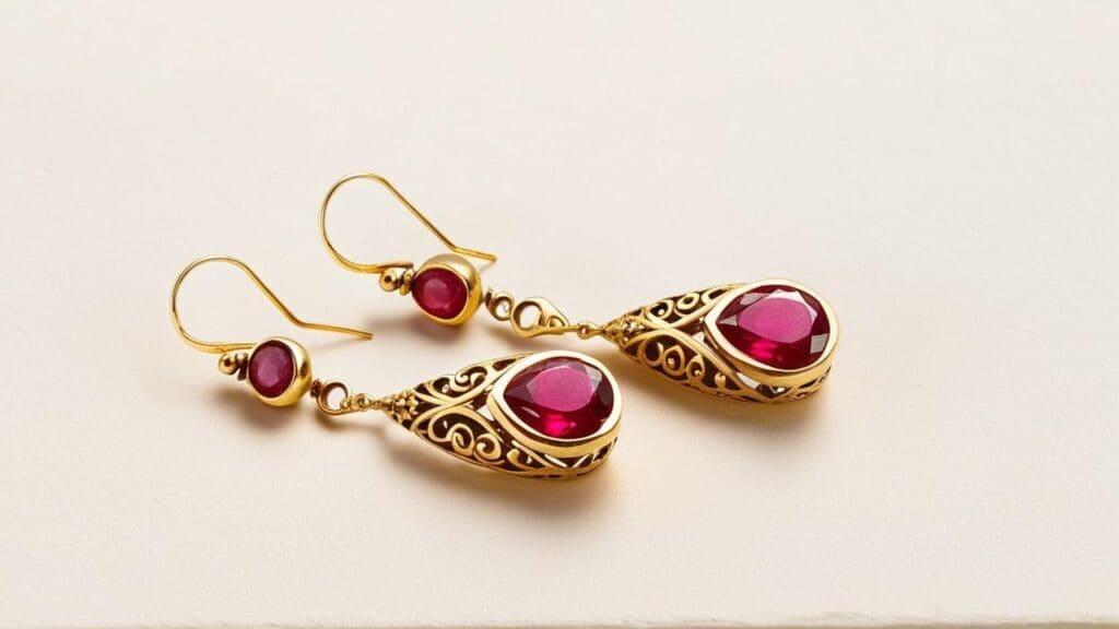 Vintage gold filigree earrings with ruby gemstones, valuable estate jewelry suitable for resale