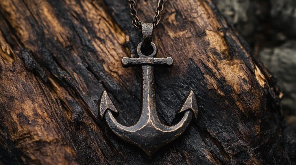 Rustic vintage anchor pendant on chain, symbolizing maritime tradition and resilience in antique-style jewelry.