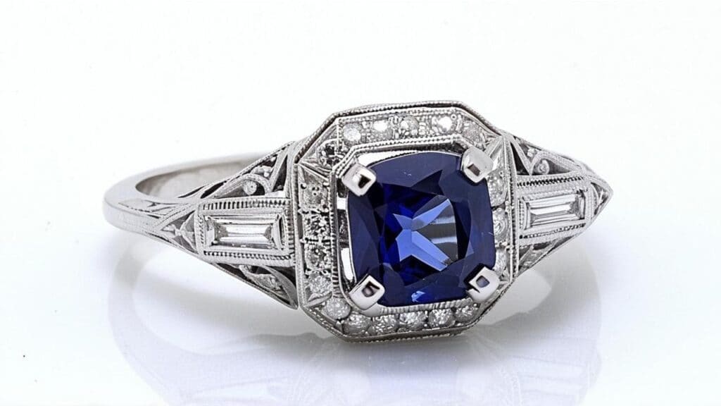 Art Deco style sapphire ring needing specialized antique jewelry appraisal and authentication