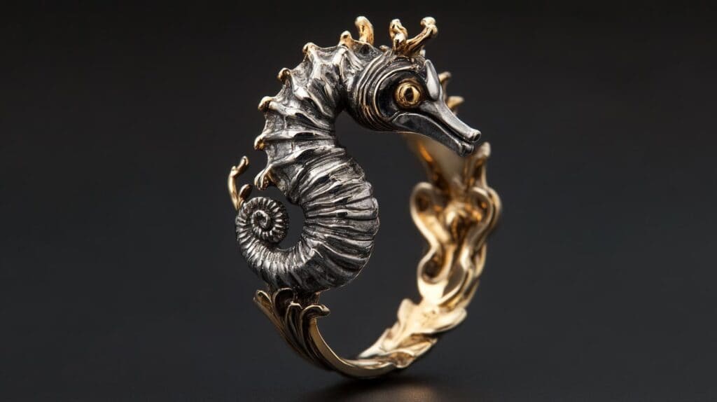 Vintage-style silver and gold seahorse ring with intricate detailing, symbolizing persistence and individuality.