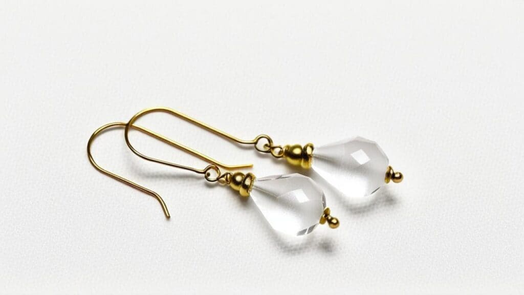Elegant clear glass teardrop earrings with gold-tone hooks and accent beads on a white background.