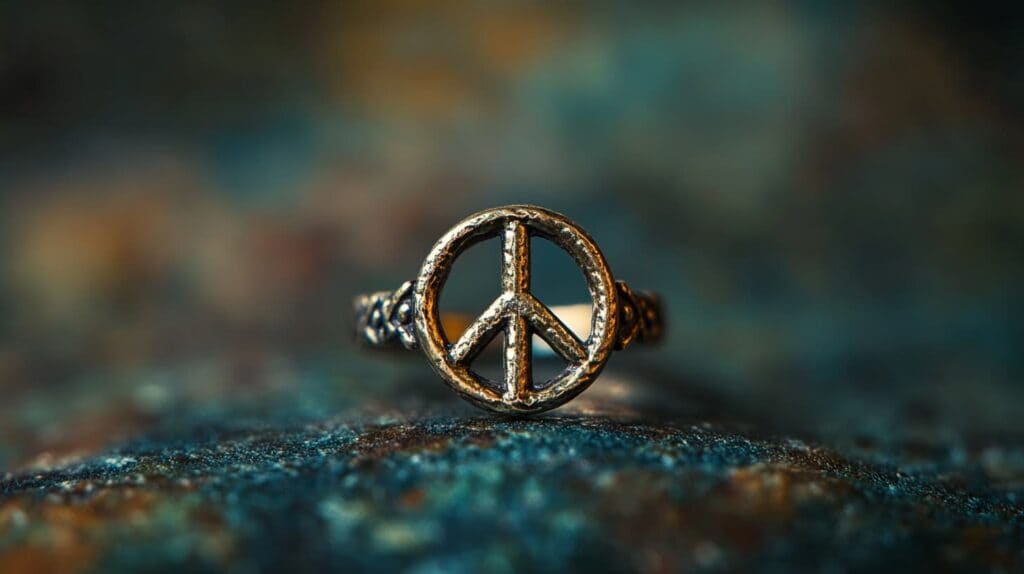 Closeup of a vintage-style peace sign ring with textured metal, symbolizing peace and unity.