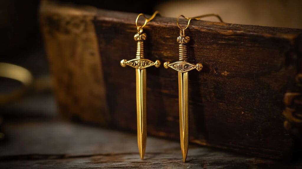 Pair of vintage-inspired gold sword earrings with medieval design, symbolizing honor and courage.