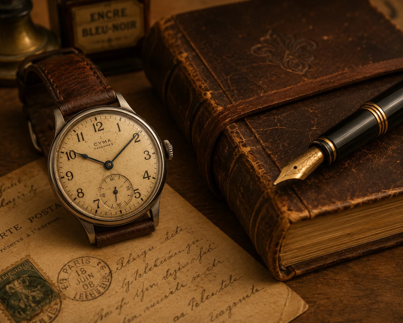 Vintage wristwatch resting on an old handwritten postcard next to a leather notebook and fountain pen
