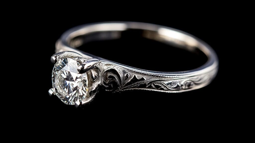 Close-up of a vintage white gold engagement ring with intricate engravings and a round-cut diamond centerpiece, set against a black background.