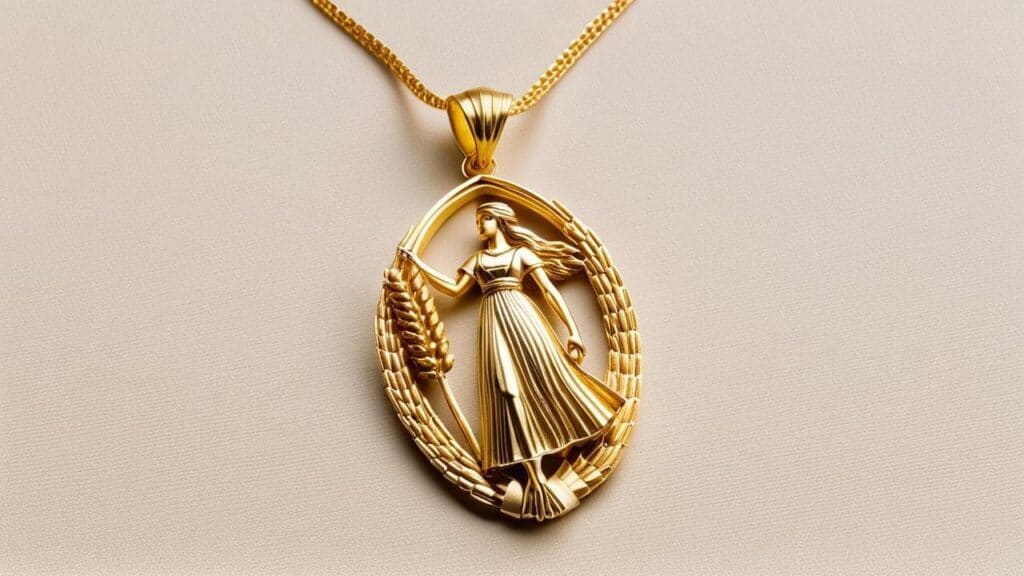 Gold Virgo pendant featuring the Maiden symbol holding wheat, representing Virgo's connection to harvest and purity
