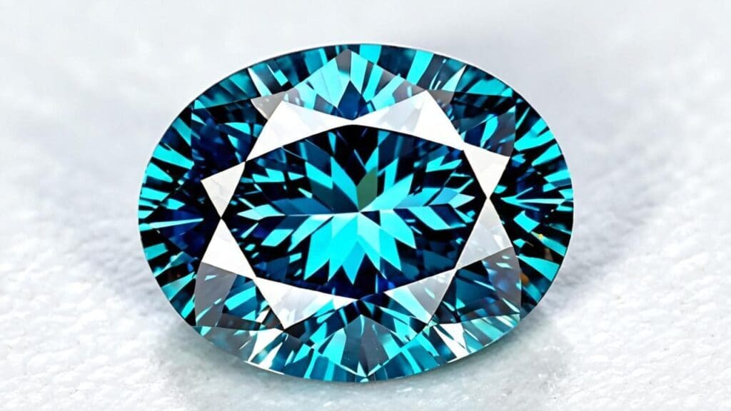 A vivid blue diamond with mesmerizing color and intricate facets, placed on a white surface