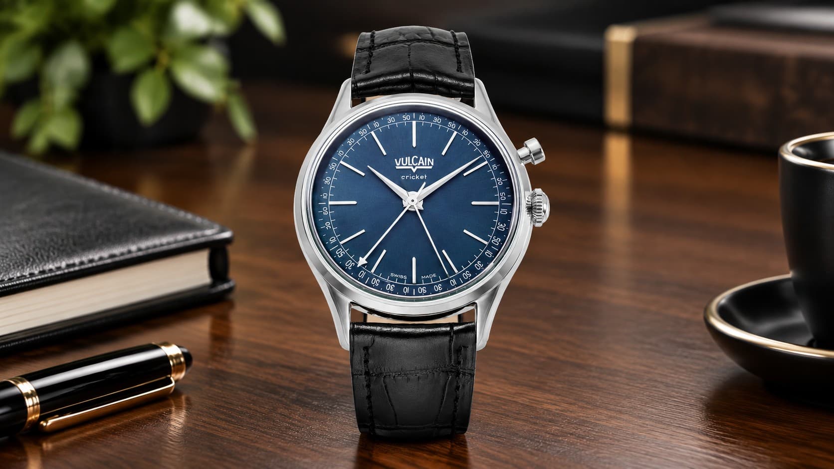 Vulcain Cricket President watch with a blue dial and black leather strap on a desk