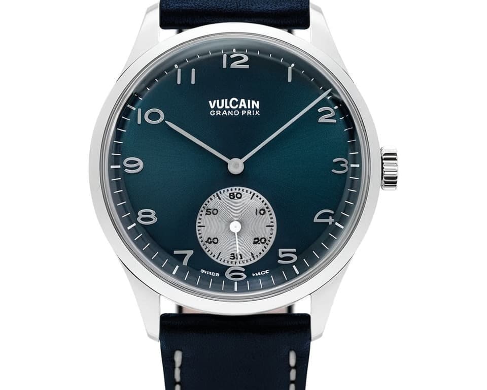 Vulcain Grand Prix with teal dial, silver subdial and navy leather strap