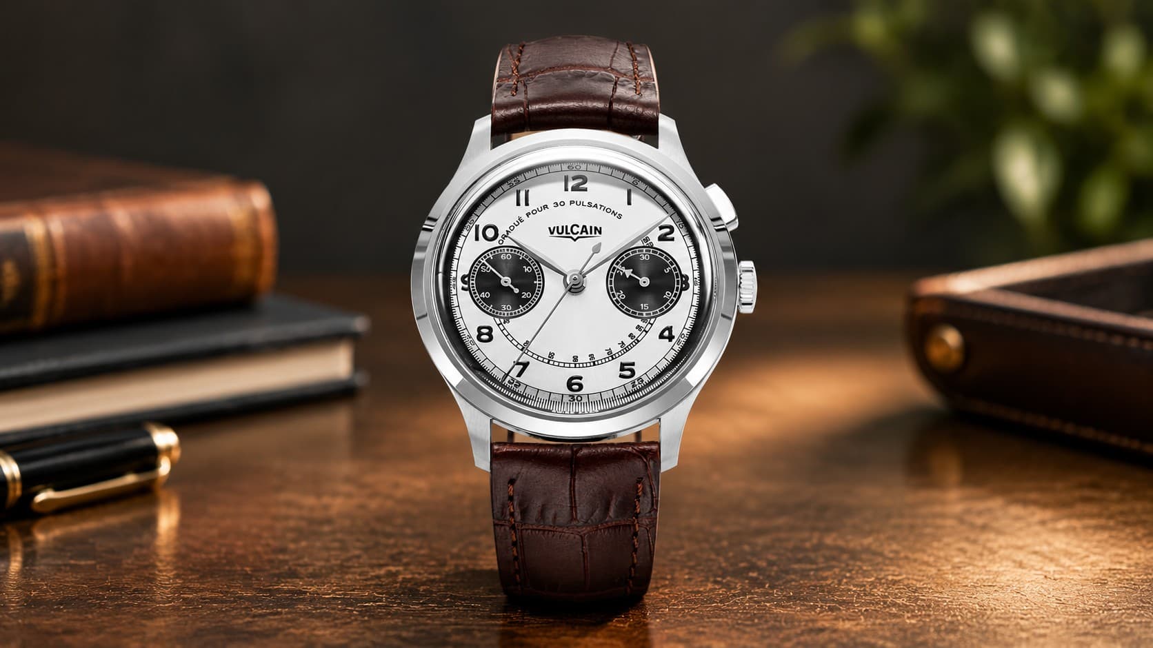 Vulcain Monopusher Heritage chronograph with a panda dial and brown leather strap
