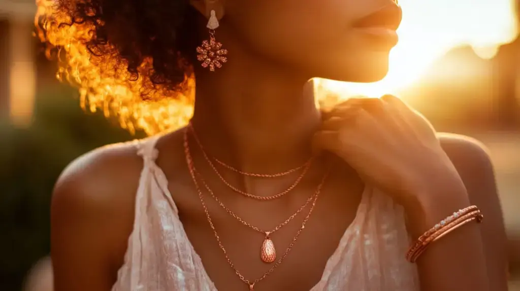 Woman with warm skin tone wearing rose gold layered necklaces and earrings, perfectly complementing her complexion.