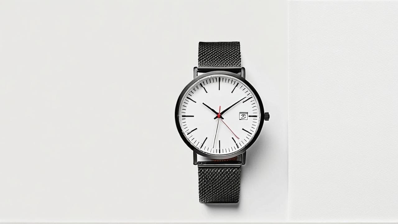 Minimalist watch with white dial, date window and black mesh bracelet