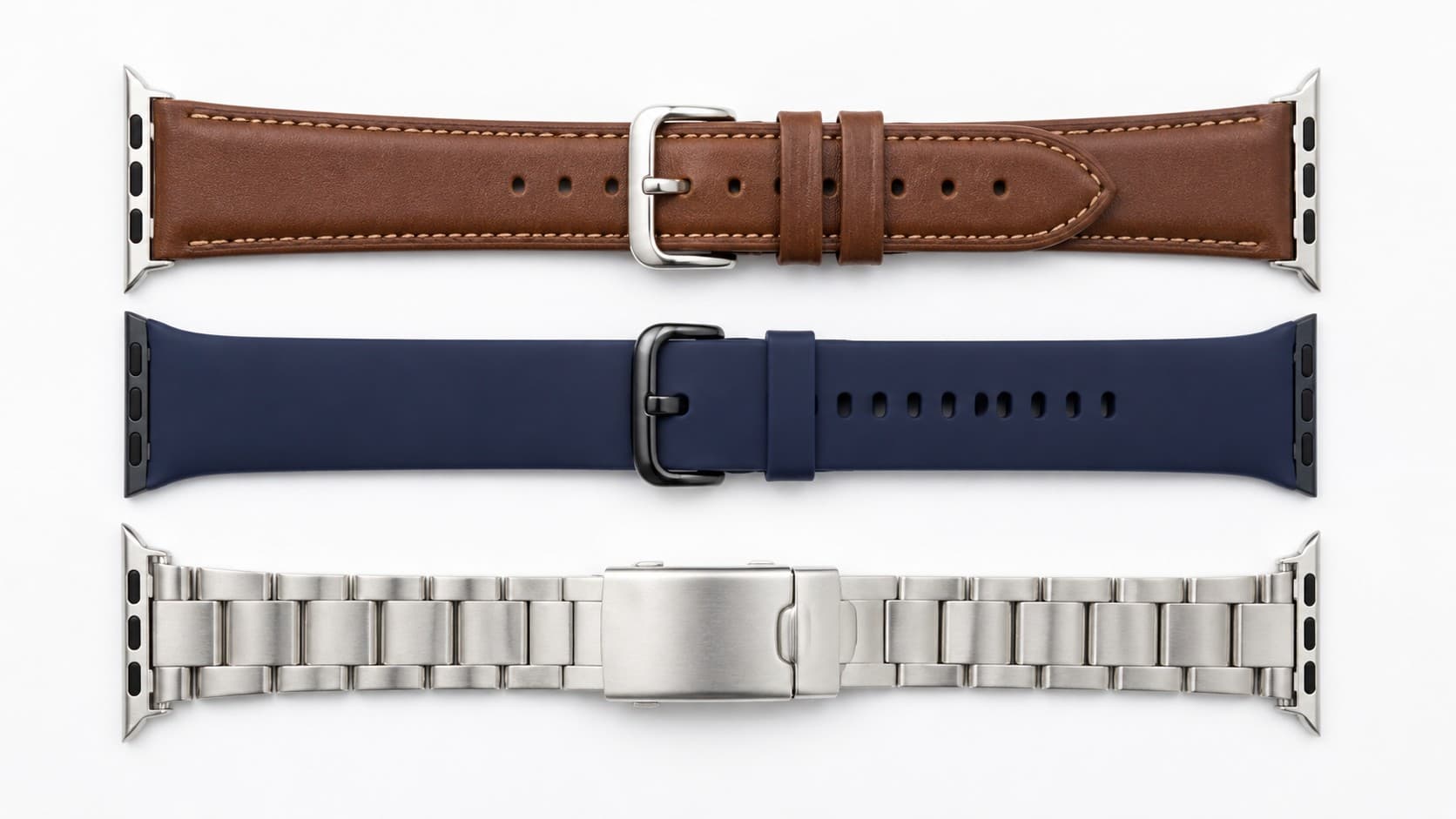 Leather, silicone, and stainless steel watch bands showing their buckles and clasps