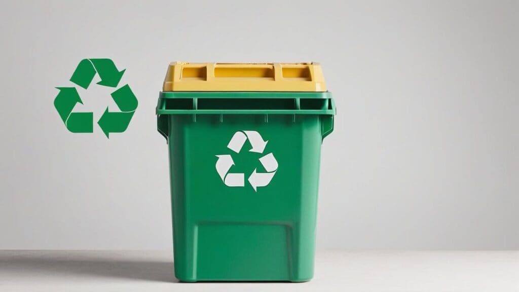 Watch battery recycling container with yellow compartments and green recycling symbol for safe disposal of button cell batteries