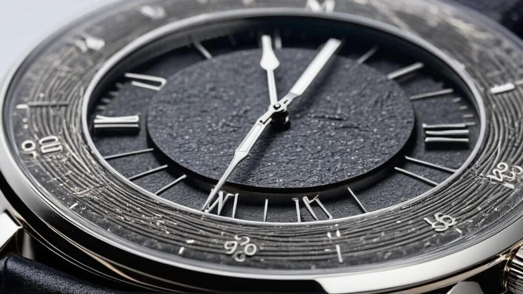 Scratched decorative watch bezel with Roman numerals and detailed engraving, demonstrating wear damage
