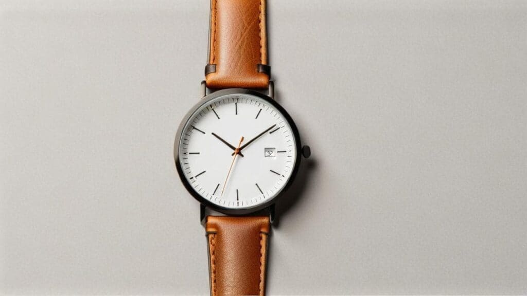 Watch parts identification featuring case, crystal, dial, hands, crown, and leather strap anatomy