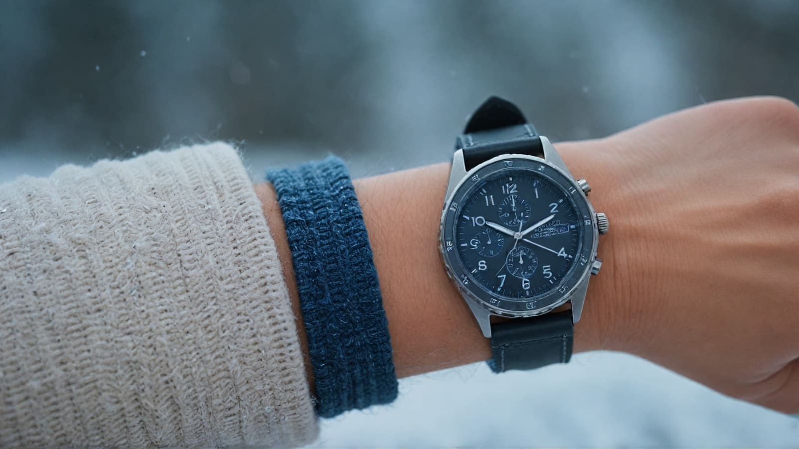 Steel chronograph with blue dial worn over a knit sleeve in snowy weather