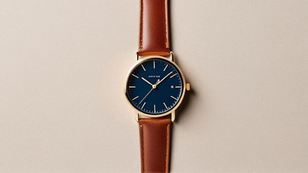 Clean leather watch strap worn on watch, showing proper maintenance and care to prevent odor buildup