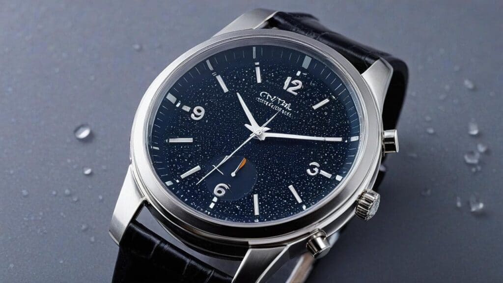 Luxury wristwatch with water droplets in background showing water resistance