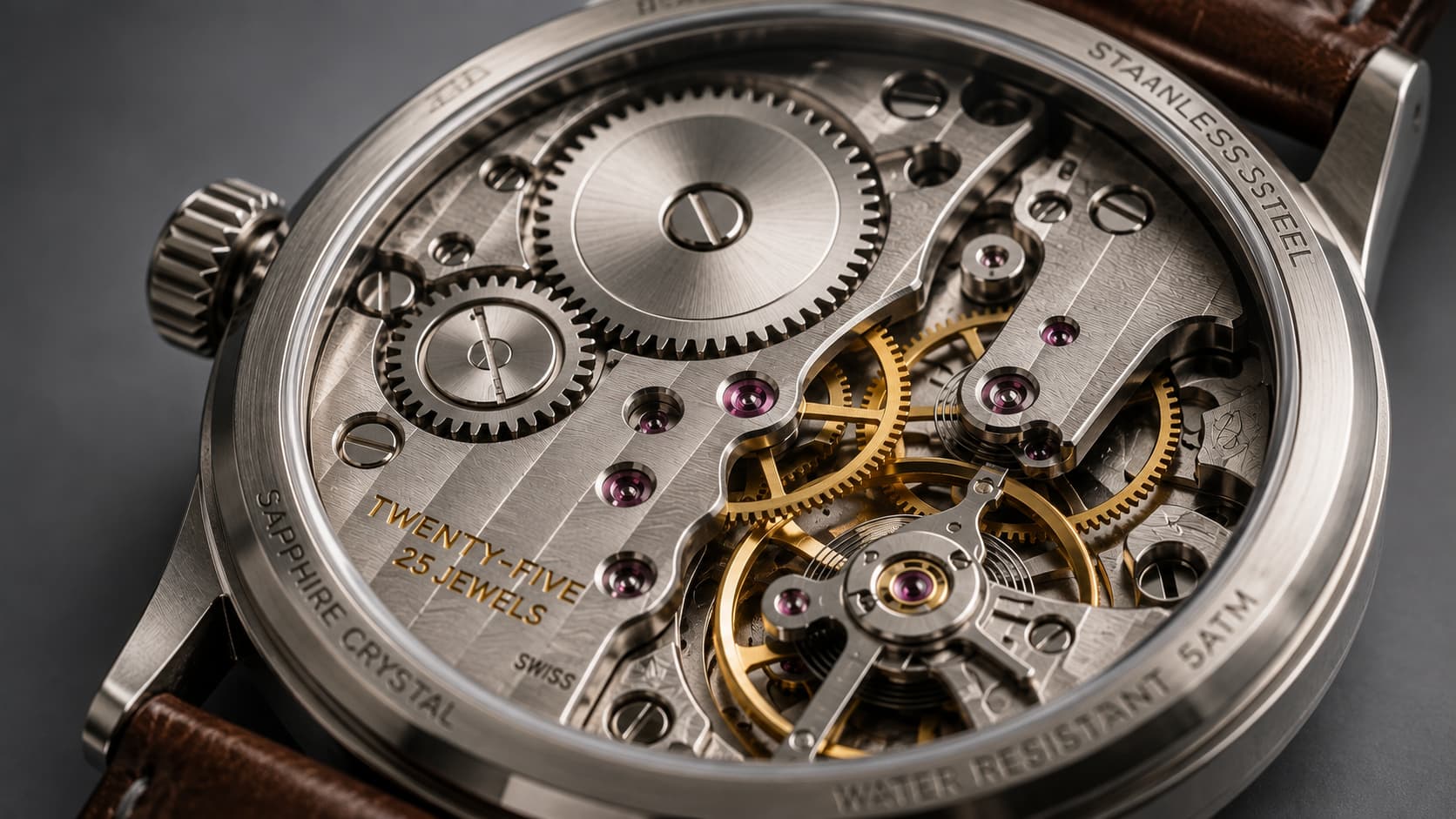 Watch case back engraved with movement specifications including jewel count, sapphire crystal, and water resistance