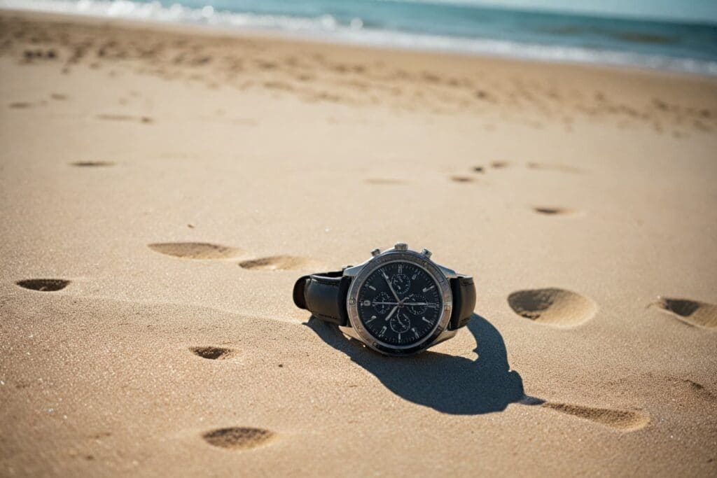 Luxury watch sitting on sandy beach with footprints showing beach watch safety and coastal conditions
