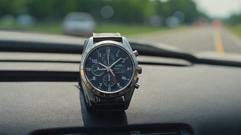 Watch left on car dashboard in summer showing dangerous hot weather conditions that cause heat damage