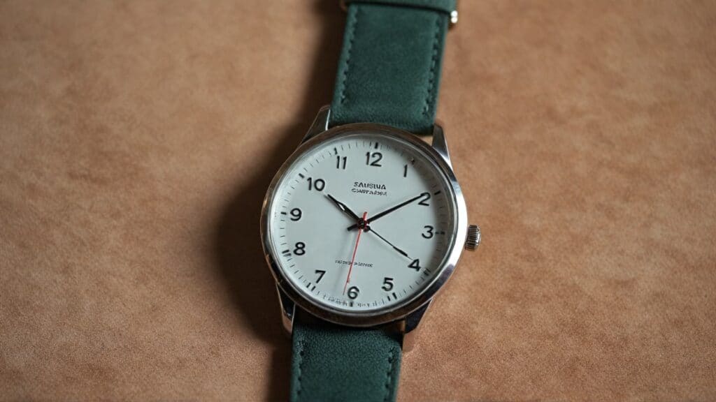 Example of naked watch purchase with green leather strap lacking complete documentation set
