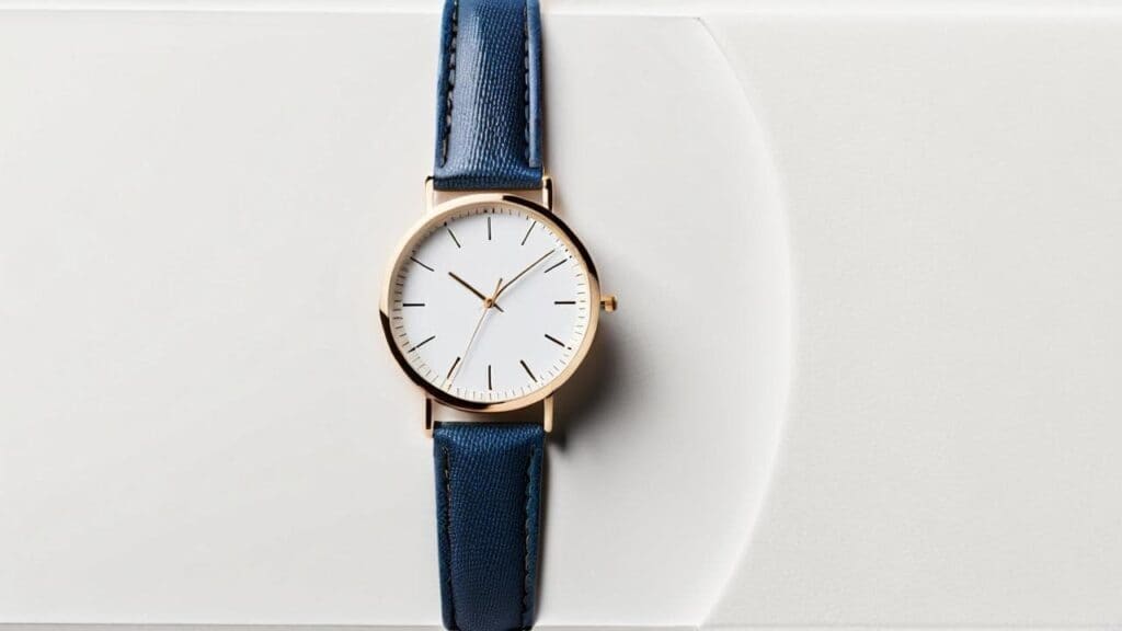 Watch component breakdown displaying case, dial, hands, crown, and strap parts for anatomy study