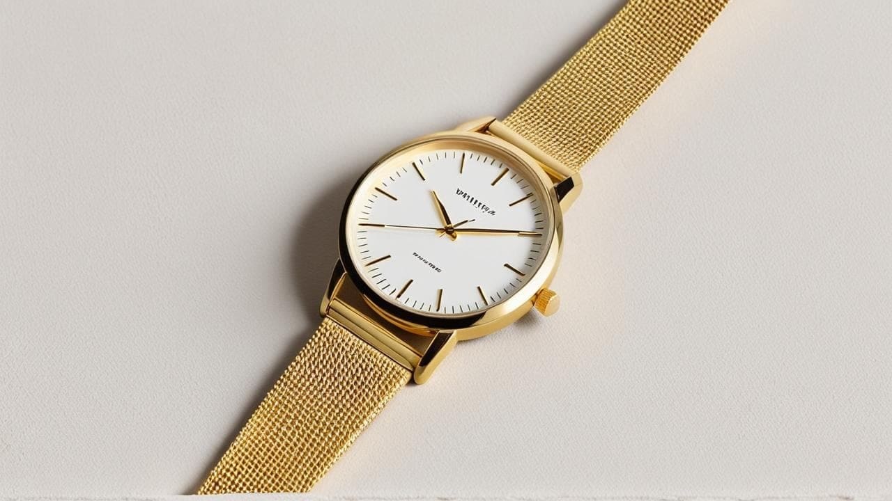 Gold watch with white dial and mesh bracelet on a cream background