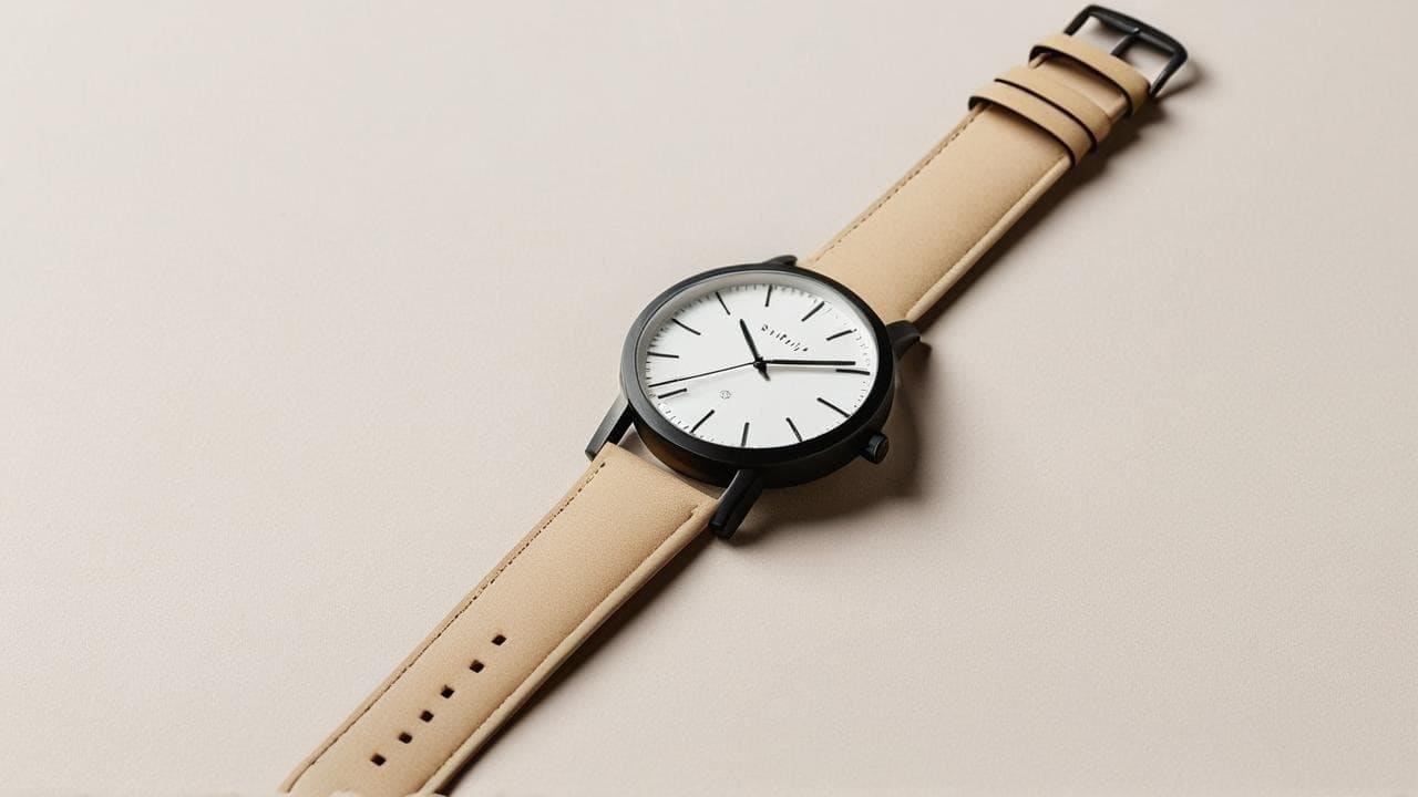 Watch with white dial and natural tan leather strap laid flat on beige