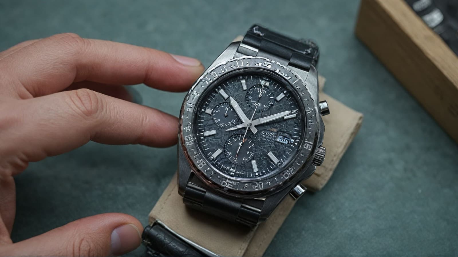 Hands holding a steel chronograph over a watchmaker's bench cushion