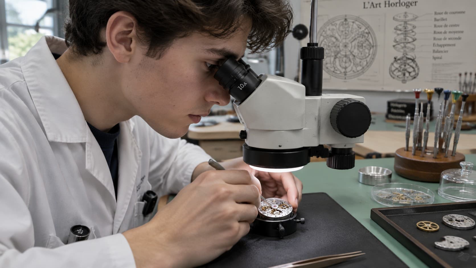 A watchmaking student examining a watch movement under a microscope in a training workshop