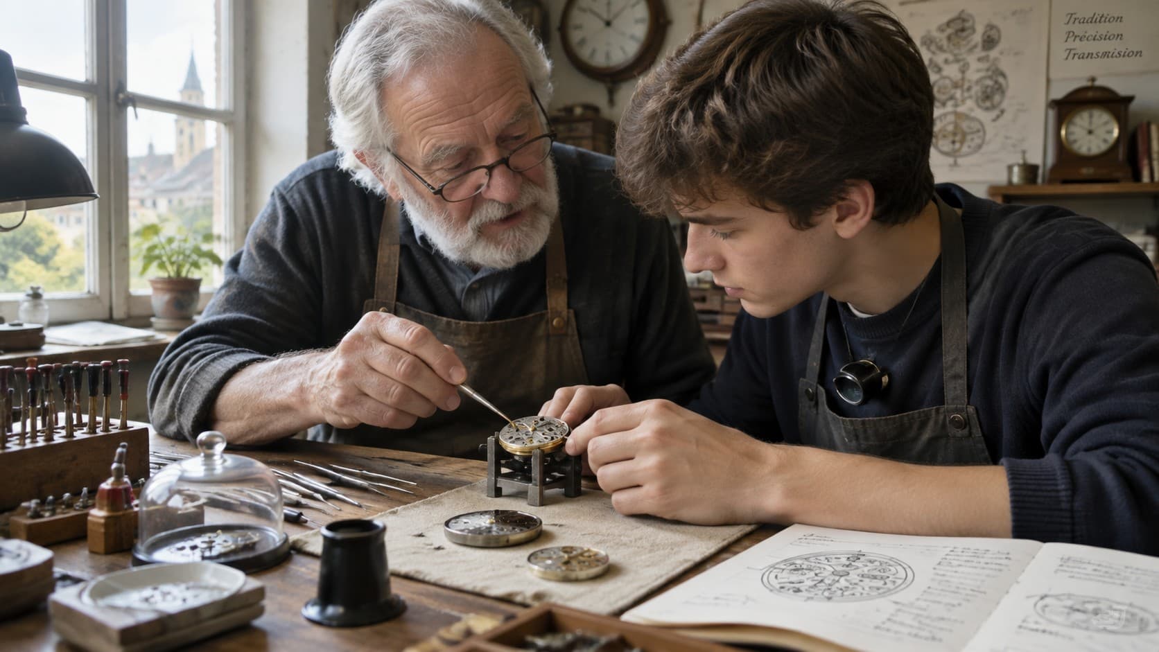 An experienced watchmaker mentoring a young apprentice while repairing a pocket watch movement