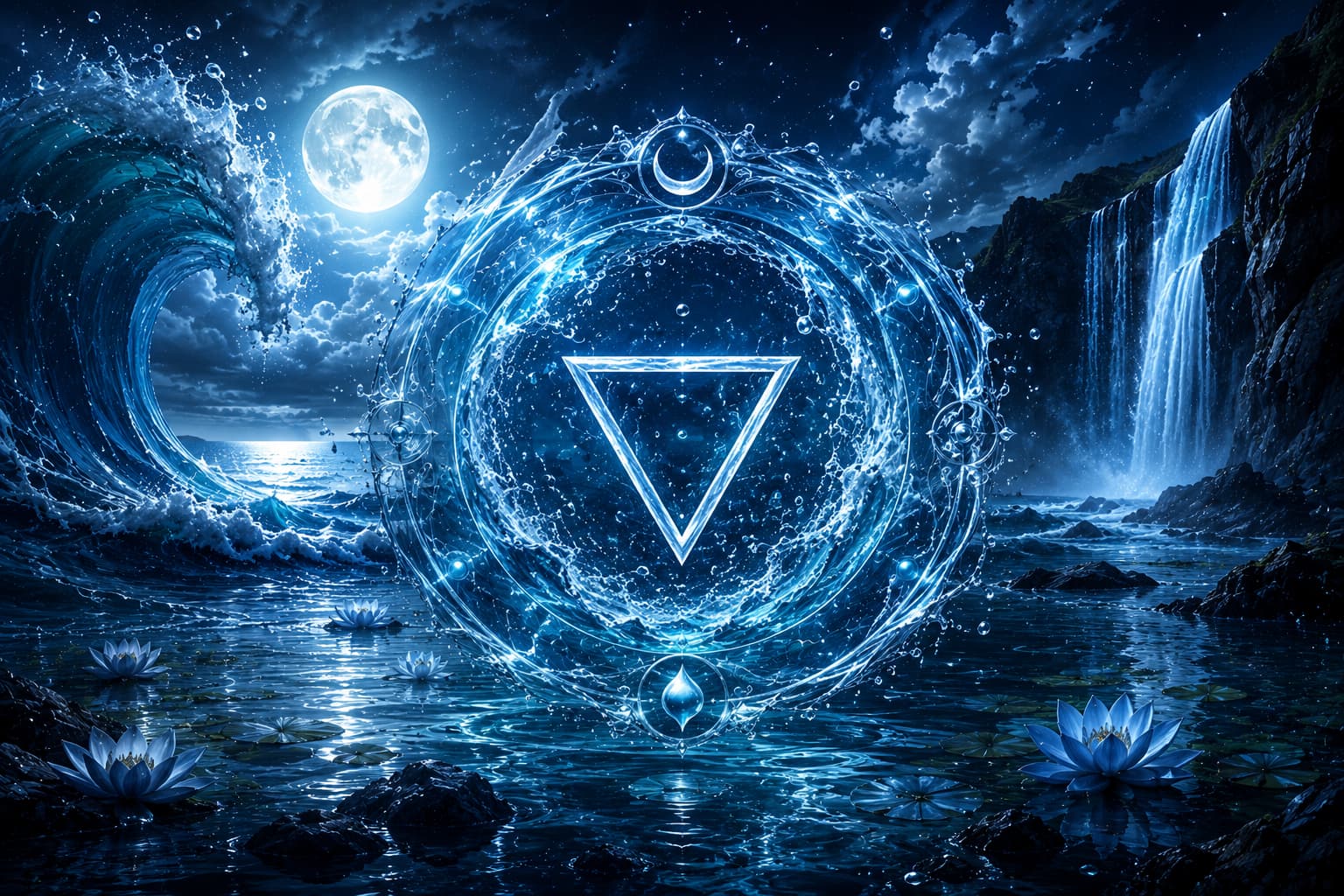 Water element zodiac symbol glowing over ocean waves under a full moon