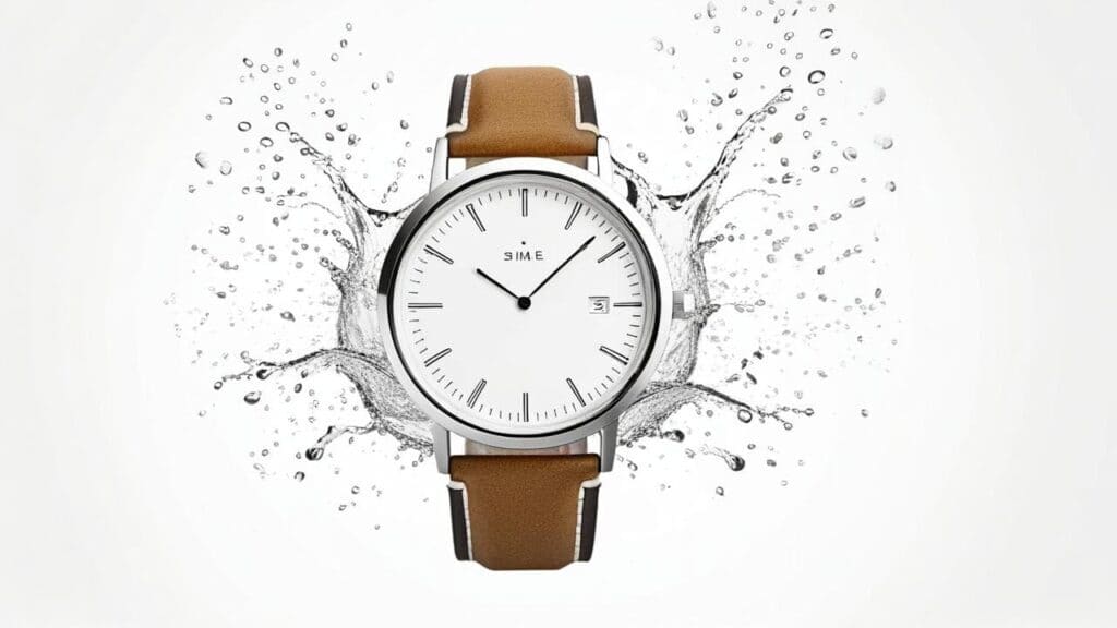 Silver watch with brown leather strap surrounded by dynamic water splashes, illustrating water resistance testing and protection capabilities of timepieces