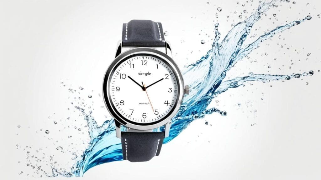 Water-resistant analog watch with black leather strap surrounded by water splash, demonstrating watch water protection and resistance capabilities
