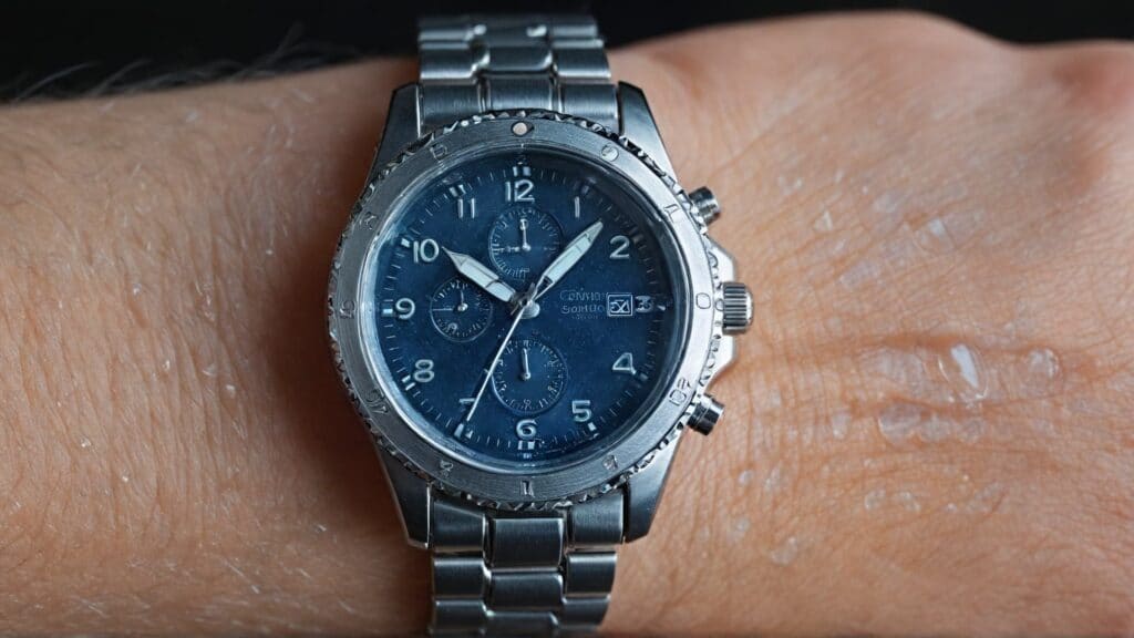 Watch with water droplets showing condensation damage from temperature changes and moisture exposure