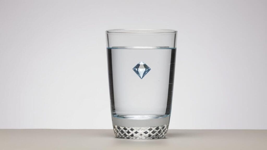 Diamond placed in glass of water demonstrating density test for gem verification
