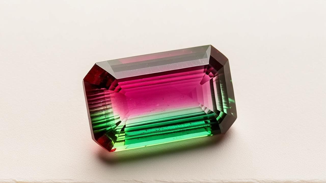 Emerald-cut watermelon tourmaline banded pink and green on cream