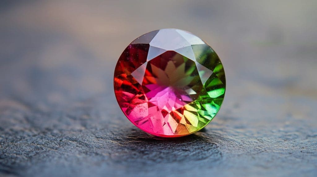 A faceted watermelon tourmaline gemstone featuring a vivid pink core transitioning to a green edge, celebrated as one of October's modern birthstones.