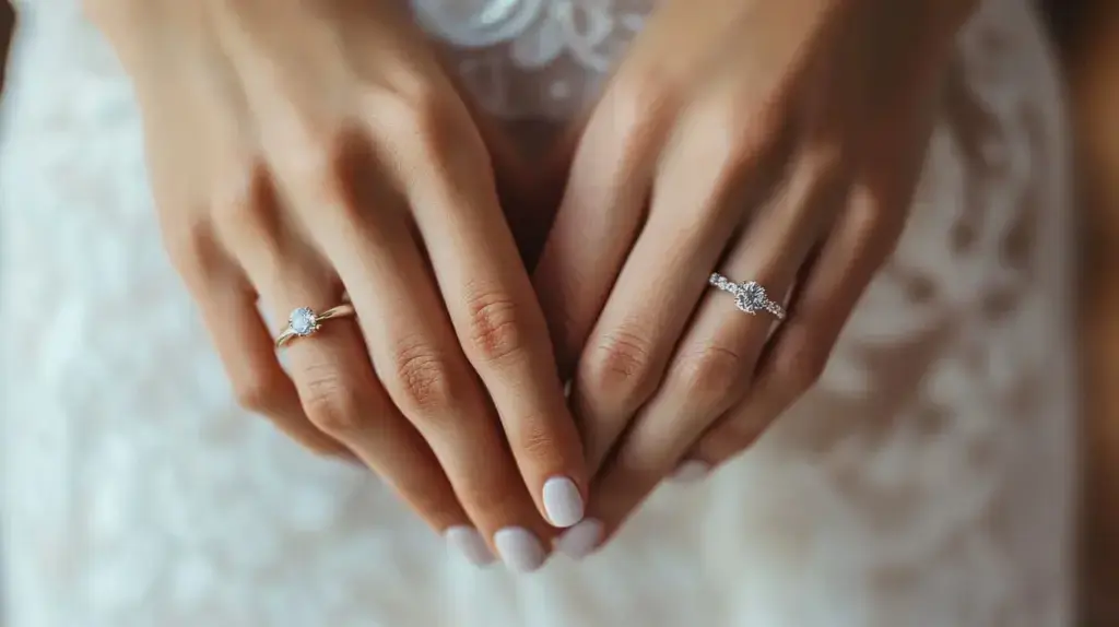 Close-up of two hands wearing wedding rings on the fourth fingers, symbolizing different cultural traditions in wedding ring placement.
