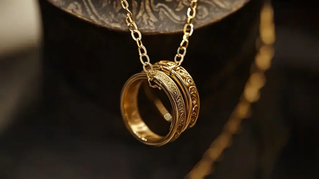 Golden wedding rings hanging on a necklace chain, illustrating an alternative way to wear wedding rings.