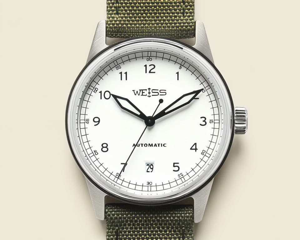 Weiss Automatic Standard Issue Field Watch with white dial and date window on olive canvas strap