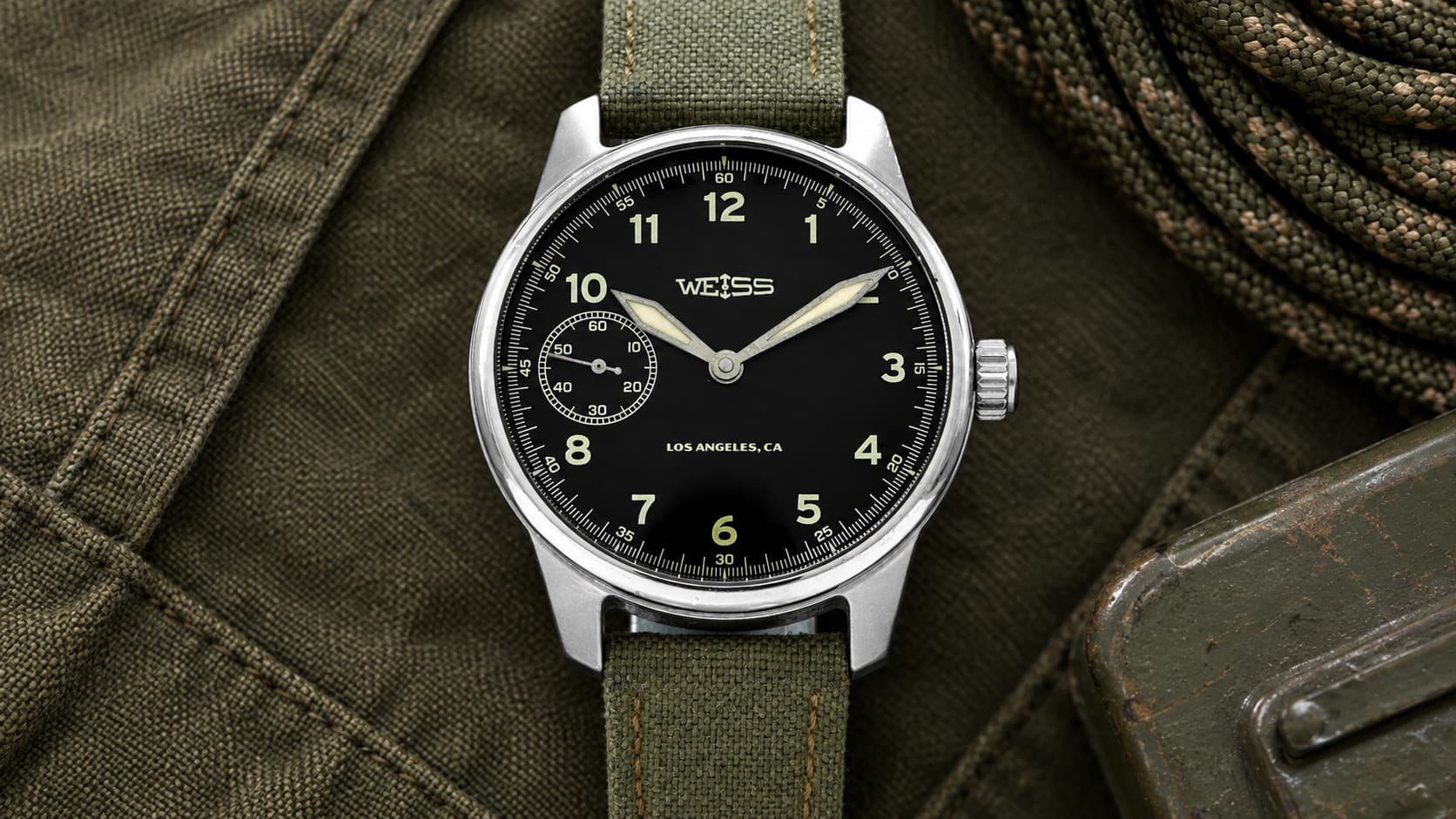 Weiss Standard Issue Field Watch with black dial and olive canvas strap