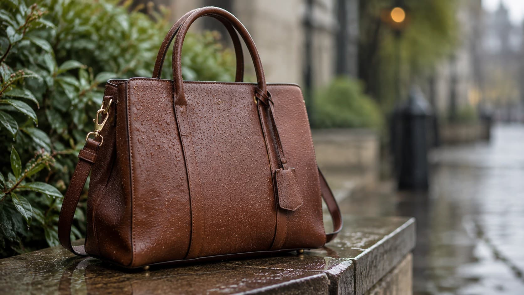 Brown leather tote bag covered in raindrops sitting outside in the rain