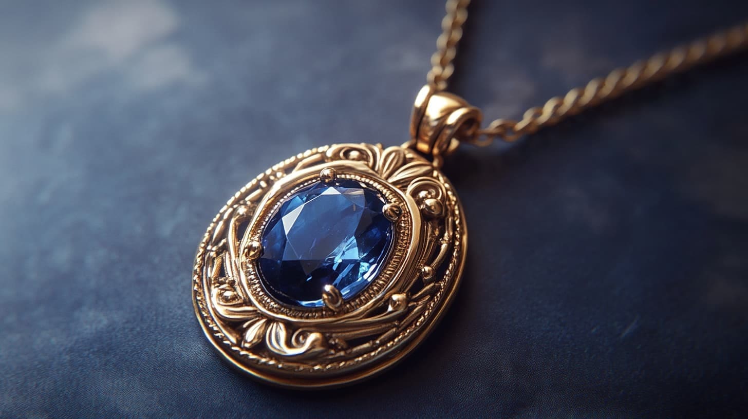 Ornate gold pendant with a faceted blue stone in a scrolled frame on a rope chain