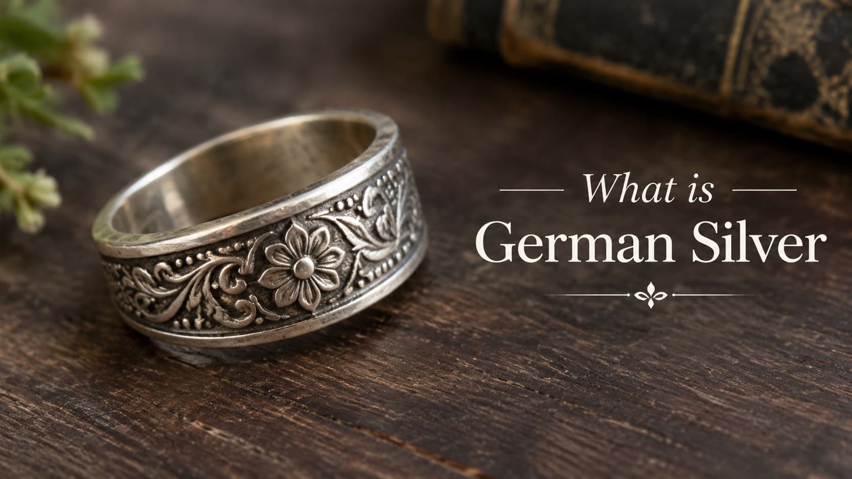 Antique silver-colored ring with a floral engraved pattern, resting on a wooden surface next to an old book