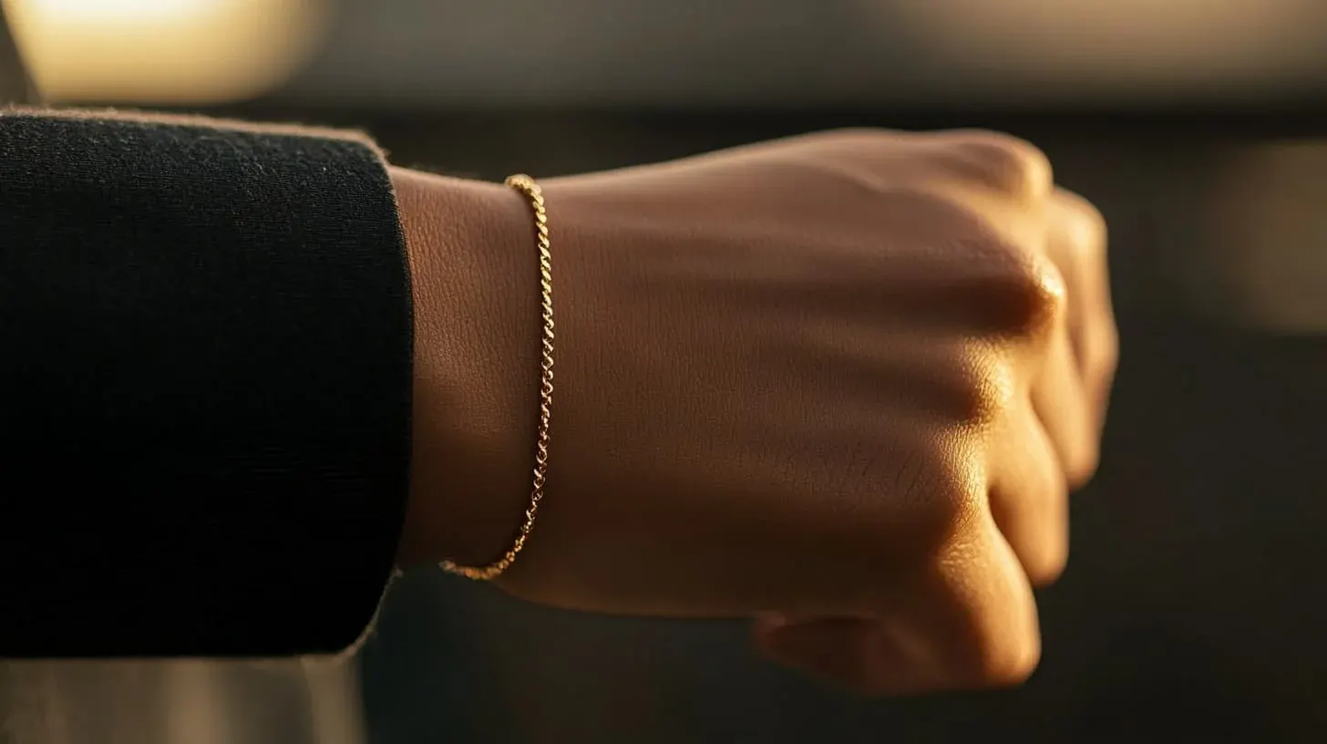 Fine gold chain bracelet clasped on a wrist in warm light