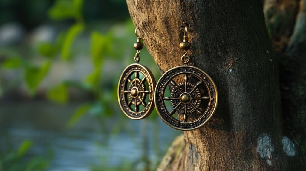 Brass Wheel of Dharma earrings hanging on a tree, representing the Noble Eightfold Path in Buddhist teachings.