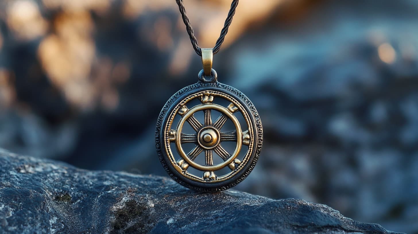 Bronze wheel of dharma pendant with eight spokes on a cord over rock